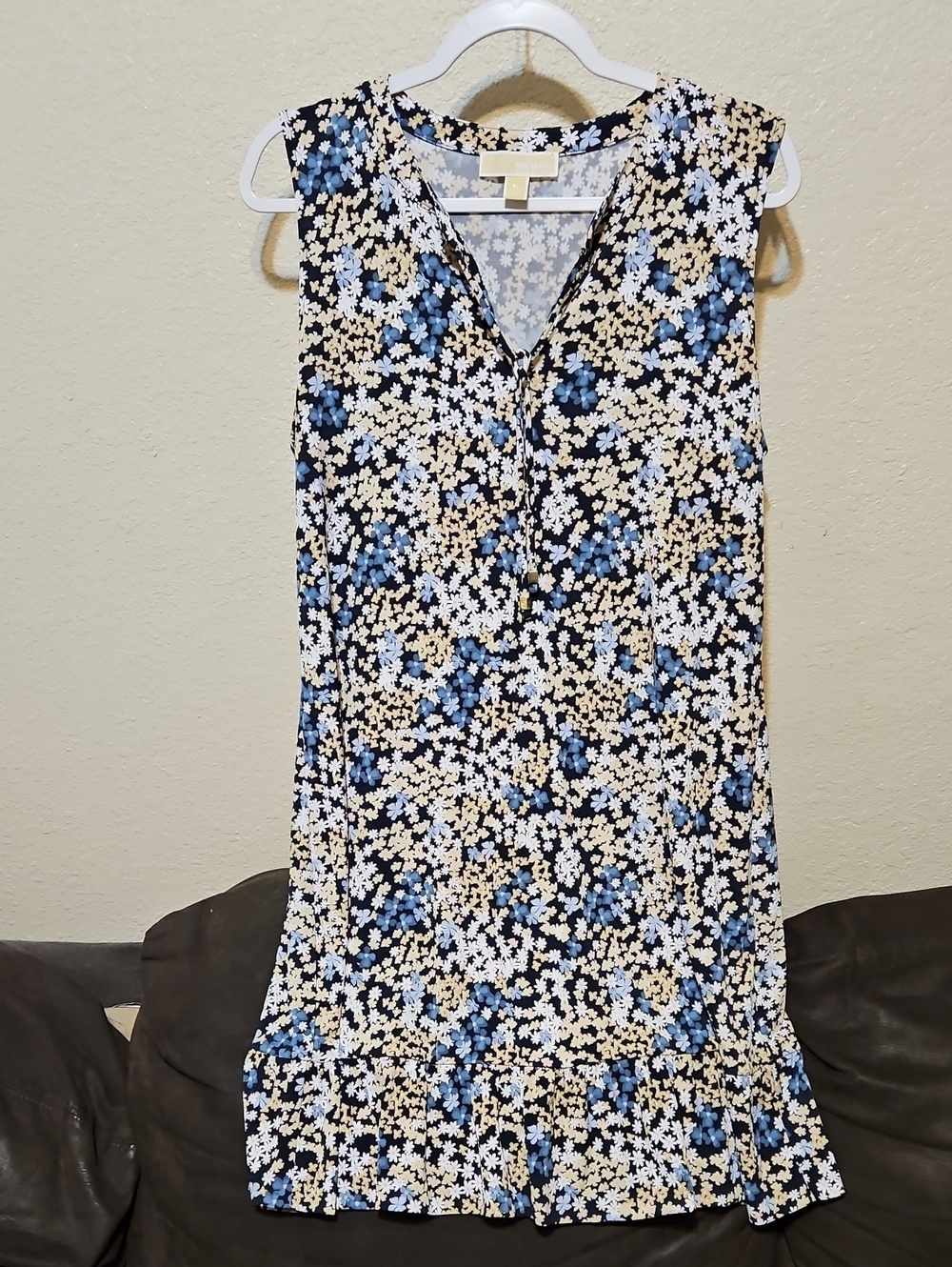 Michael Kors Black, Blue & Cream Floral Sleeveless Midi Dress